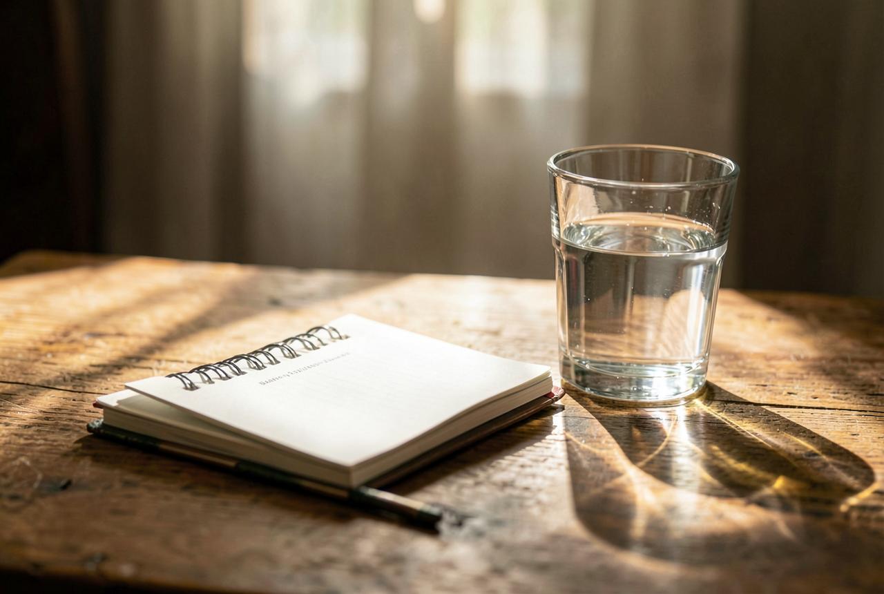 A notebook and cup of tea on a windowsill.